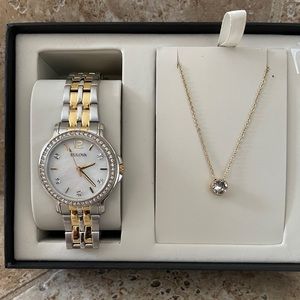 Bulova Two Tone Watch & Crystal Stud Necklace